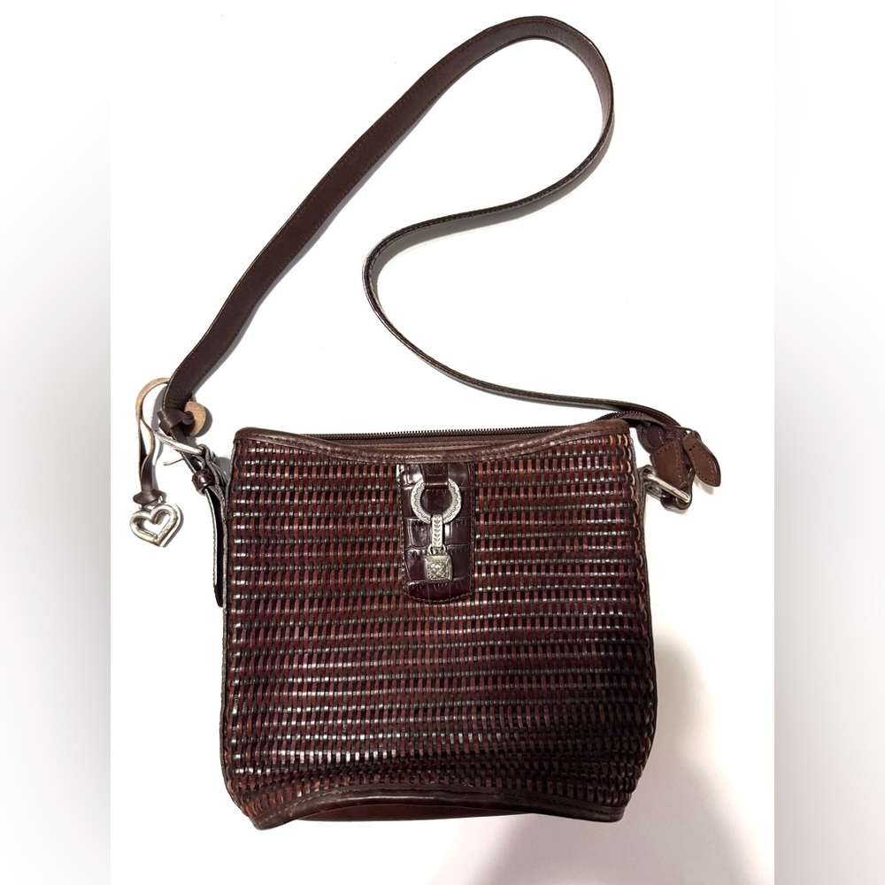 👜🤎 Brighton Crossbody Bag – Brown Woven Leather with Croc-Embossed Accents